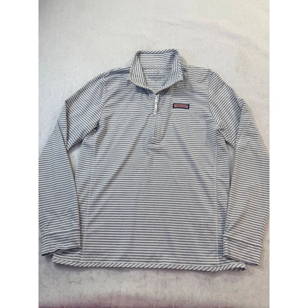 Vineyard Vines Mens Shep Shirt Grey White Striped Quarter Zip Pullover Small